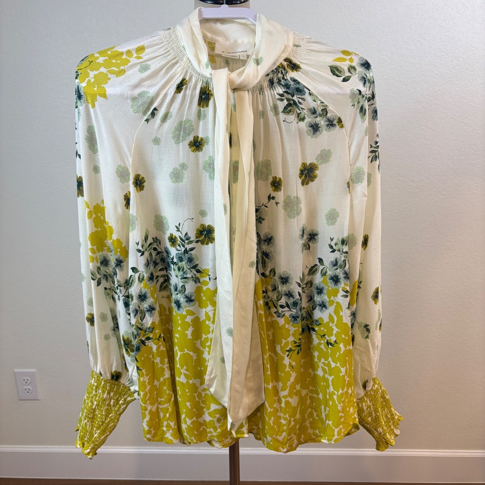 Anthropologie Blouse Womens L Yellow Tie Neck Floral Smocked Cuffs Boho Whimsy - Picture 5 of 8